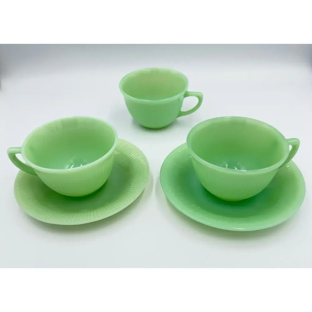 Fire King Coffee Tea Cup & Saucer Jane Ray JadeIte by ANCHOR HOCKING 5pc Set